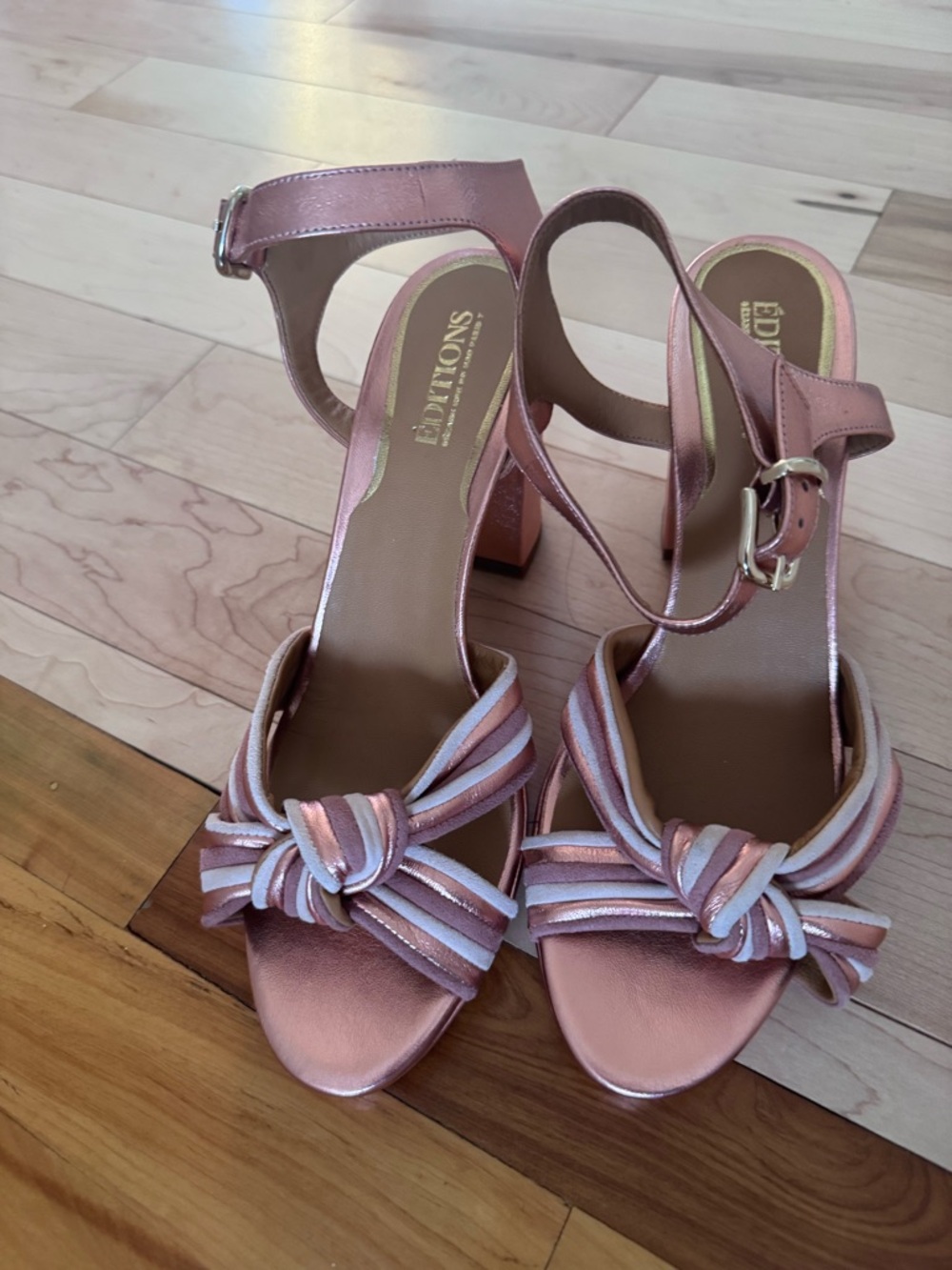 Sezane Metallic Rose Gold Knotted Ankle Strap Heels
